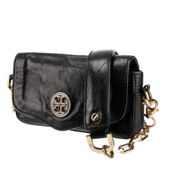 Tory Burch Handbags - TORY BURCH — Logo Gold Chain Black Leather Clutch